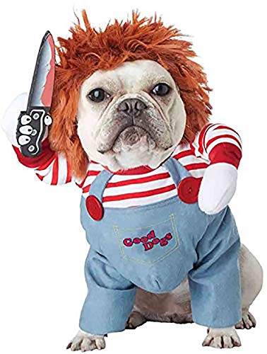 NIDAYE Deadly Puppe Hundekostüm gruselige Hundekleidung Halloween Cosplay Chucky Puppe Hund Kostüm Tragen Sie einen Hut Lustige Hundeparty Kleidung Weihnachten Kostüm (S) von NIDAYE