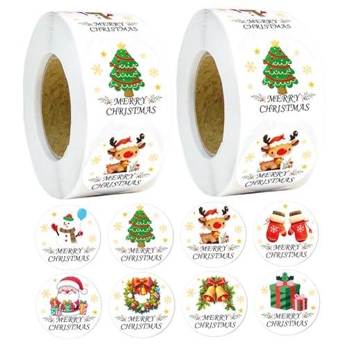 1000 Stück Frohe Weihnachten Aufkleber 1 Zoll runde Weihnachtsstehungsaufkleber mit 8 verschiedenen Muster für Feiertagshandwerksumschläge Kisten von NIDONE
