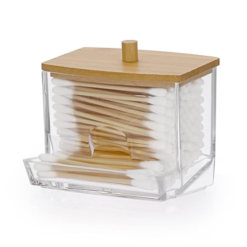 NIEBYI L-förmiger Qtip Wattebausch-Halter Acryl Qtip Spender mit Bambusdeckel, Zahnseide Tupfer Spender, Badezimmer Vorratsglas Kanister, Kunststoff Apothekerglas für Küche Badezimmer Schminktisch NIEBYI L-förmiger Qtip Wattebausch-Halter Acryl Qtip Spender mit Bambusdeckel, Zahnseide Tupfer Spender, Badezimmer Vorratsglas Kanister, Kunststoff Apothekerglas für Küche Badezimmer Schminktisch von NIEBYI