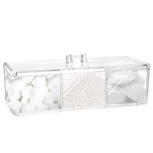 Quadratischer Qtip Halter Spender, 3 Fächer, Wattebausch-Halter, Badezimmer-Behälter für Wattestäbchen, Bälle, Wattepad-Organizer, transparente Acryl-Behälter mit Deckel für Badezimmer, Waschtisch Quadratischer Qtip Halter Spender, 3 Fächer, Wattebausch-Halter, Badezimmer-Behälter für Wattestäbchen, Bälle, Wattepad-Organizer, transparente Acryl-Behälter mit Deckel für Badezimmer, Waschtisch von NIEBYI