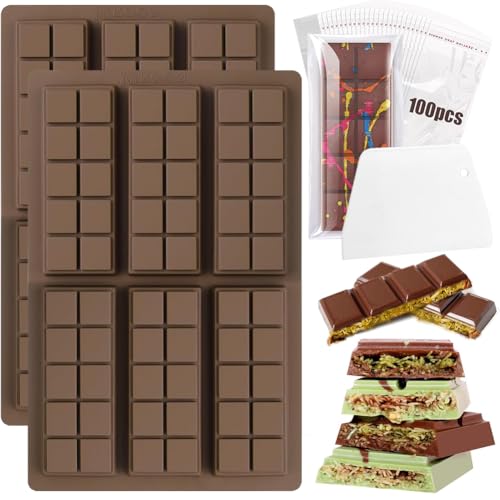 2 Stück Silikonform Schokolade, Silikonform für 6 Mulden Schokolade mit 100Pcs Transparente Tasche, Antihaft Schokoladenform, Formen Backen zur Herstellung von Schokotafeln, Desserts von NIEEKRUN