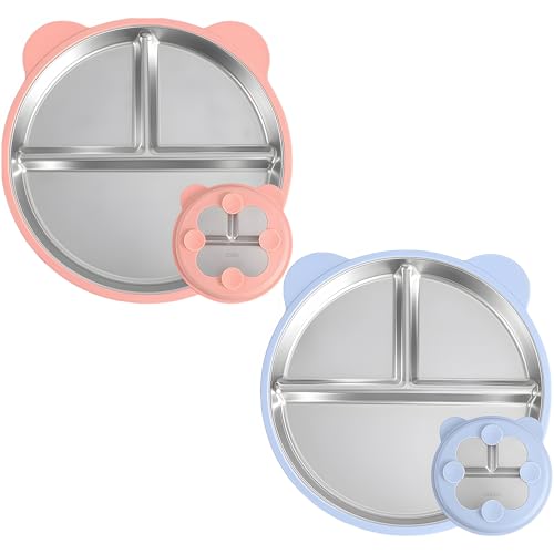 NIEEKRUN 2 Stück Baby Teller mit Saugnapf, Edelstahl Baby Silikon Kinderteller mit Entfernbarer Silikon Hülle, Edelstahl Unterteilte Kinderteller für Zuhause Reisen Essenszeit von NIEEKRUN