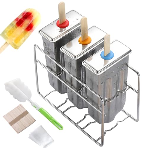 3stk Eisform Edelstahl Popsicle Formen Eis am Stiel Form Mulden Stieleisform Eis Edelstahlform spülmaschinenfest für Küche Erwachsene Schule Eis DIY Sommer, mit 50 Holzstiel+1 Bürste+3 Eisbeutel von NIERBO