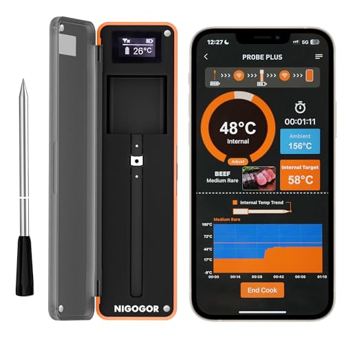 Nigogor Fleischthermometer, 130 Meter Fernüberwachung, geeignet für Grillen, Ofen, Räucherofen und Küche, Grillthermometer, IPX7 wasserdicht, Echtzeit-Temperaturverfolgung, kompatibel mit iOS/Android Nigogor Fleischthermometer, 130 Meter Fernüberwachung, geeignet für Grillen, Ofen, Räucherofen und Küche, Grillthermometer, IPX7 wasserdicht, Echtzeit-Temperaturverfolgung, kompatibel mit iOS/Android von NIGOGOR