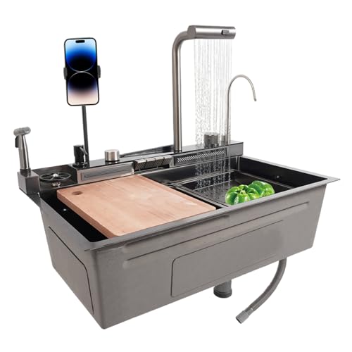 75x46x23cm Küchenspüle LED Küchenwaschbecken 2 Modi Wasserausgangsmodi Spühlbecken 304 Edelstahl Spülbecken Küche mit Spritzpistole Lichtgürtel Handy-Halterung von NIGORIY