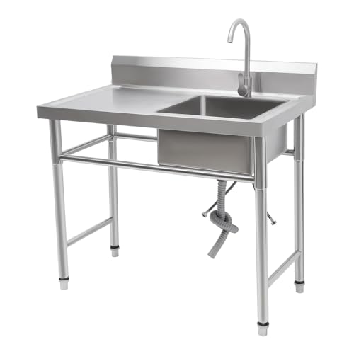Edelstahl Spültisch 1 Becken, Freistehend Outdoor-Waschbecken Verstellbare Füße, 200kg Tragfähigkeit Waschtisch, Camping Spüle mit 360° Drehbare Hohe Wasserhahn, Entwässerungssieb von NIGORIY