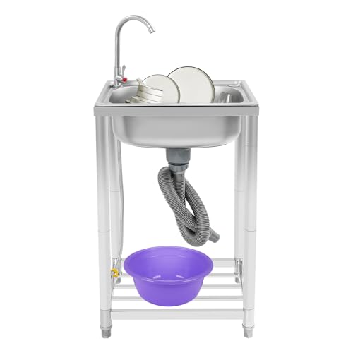 Outdoor Spüle Freistehend Spültisch Edelstahl Spültisch mit Unterschrank Edelstahl Waschtisch Outdoor Spültisch Freistehende Spüle 50kg Tragfähigkeit mit 360° Wasserhahns (50CM) von NIGORIY