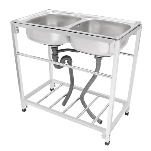 Spüle mit Unterschrank 2 Becken 83x44x77cm Edelstahl Waschtisch Outdoor 75kg Tragfähigkeit Spültisch Freistehende Spüle Samping Spüle Camping Waschbecken Spülbecken 3cm Einstellbare Höhe von NIGORIY