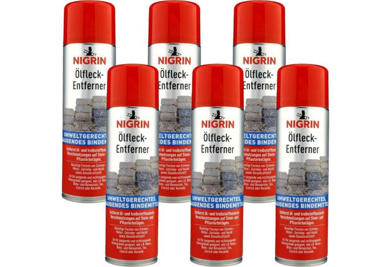 NIGRIN 6x Ölfleck-Entferner 3L Spray Öl Fleckentferner Steinbodenreiniger (Spar-Set, [- 6x Spraydose 500ml Bindemittel Ölfleckentferner Öl Ex Pflaster Fliesen Beton Naturstein) von NIGRIN