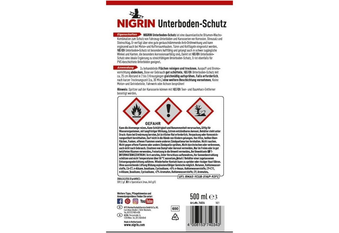 NIGRIN Unterbodenschutz 500ml Spray-Dose Bitumen Schwarz Rostentferner (1-St. 1x Unterbodenschutz-Spray Bitumen schwarz 500ml Unterbodenschutz Korrosionsschutz Auto Steinschlag Streusalz) von NIGRIN