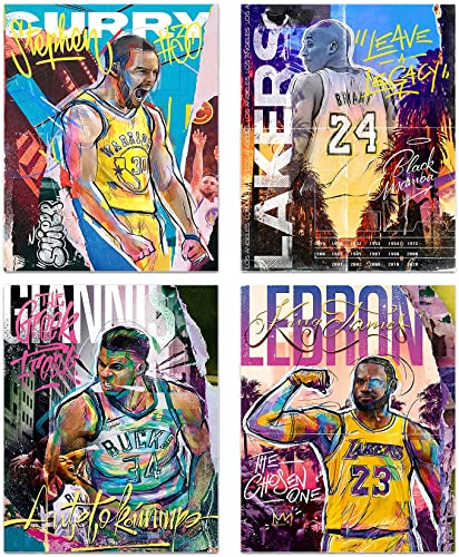 Basketball-Sterne, Wandkunst, Graffiti-Basketball-Kunstdrucke, Stephen Curry Lebron James Giannis Antetokounmpo Leinwand, motivierende Poster für Jungenzimmer, 4er-Set (20.3x25.4 cm, unn) Gerahmt) von NIIORTY