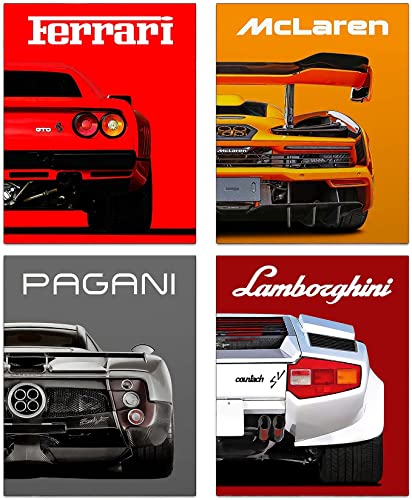 Moderne Auto-Poster, klassische Supercar-Wandkunstdrucke, Sportwagen-Kunstdrucke, 4er-Set (20.3x25.4x25.4 cm unst) Gerahmt) von NIIORTY