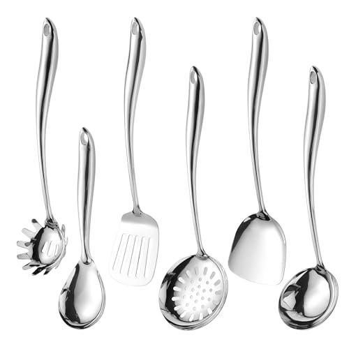 NIITAWH Küchenhelfer-Set, 304 Edelstahl, 6-teilig, Pfannenwender, Schöpflöffel, Schaumlöffel, Schlitzspatel, Spaghetti-Löffel, großer Löffel von NIITAWH
