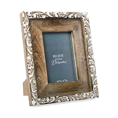 NIKKY HOME Bilderrahmen, handgeschnitzt, Blumenmuster, 10 x 15 cm, Boho-Stil, Mangoholz mit weißem Used-Finish, dunkle Holzfarbe von NIKKY HOME