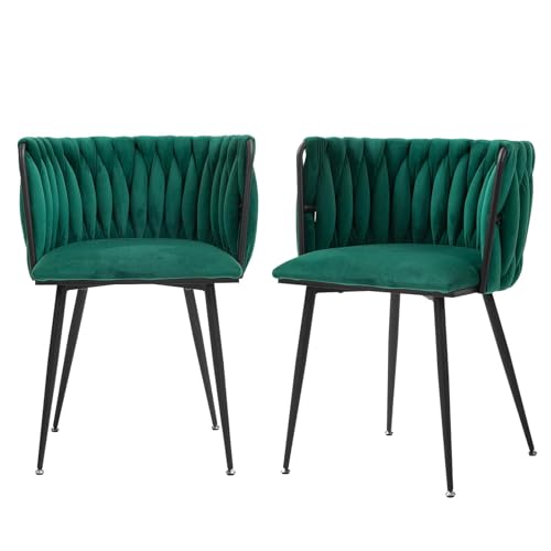 NIKSHI Samt Esszimmerstühle 2er Set, Stühle Esszimmer mit Armlehne，Küchenstühle mit handgeflochtenen Rückenlehne, Schminktisch Stuhl mit Goldene Metallbeine, Sessel für Küche, Wohnzimmer, Büro, grün von NIKSHI