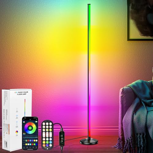 NIKYJM LED Stehlampe Wohnzimmer 145cm RGB Stehlampe Dimmbar Standleuchte LED Ecklampe mit Fernbedienung und APP, 16 Millionen Farben, 300 Szenenmodi Musikmodi DIY-Modus für Wohnzimmer Wohnzimmer Büro von NIKYJM