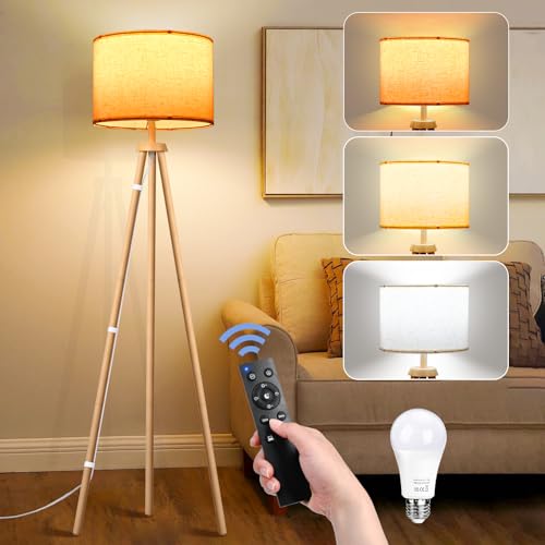 NIKYJM Stehlampe Wohnzimmer, Standleuchte LED Dimmbar, 3 Farbtemperatur Holz Stehleuchte Halbe Stunde und Eine Stunde Timerfunktion mit Lampenschirm Fußschalter für Wohnzimmer Schlafzimmer Büro von NIKYJM