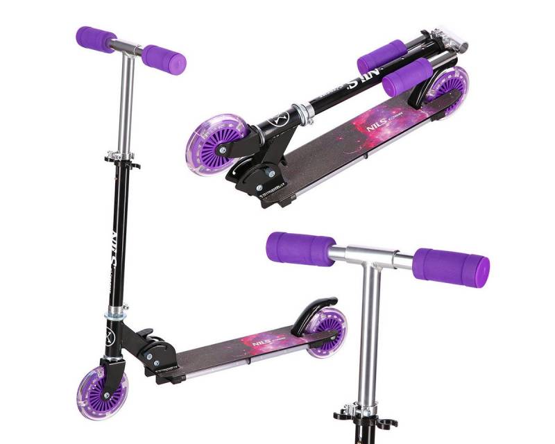 NILS EXTREME Cityroller Tretroller LED- Reifen Scooter Roller Lila Galaxie, LED Räder + leuchtendes Trittbrett, klappbar von NILS EXTREME