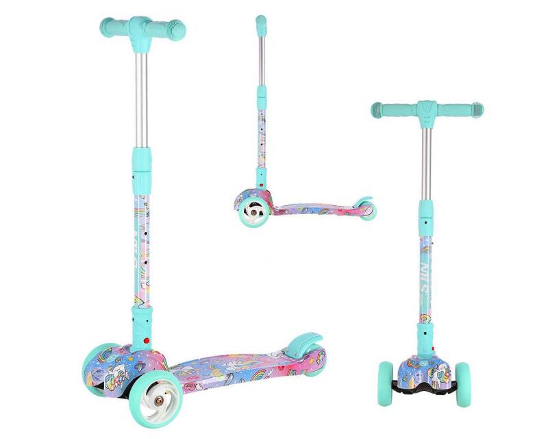 NILS FUN Tretroller Kinderroller Scooter Roller Einhorn Comic Cityroller, intuitives Steuerungssystem, LED-Reifen von NILS FUN