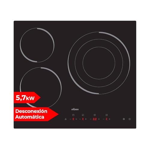 Nilson Placa Vitrocerámica Cristal Negro NV3600. Potencia máx. 5700 W, 3 Zonas de Cocción, 9 Niveles de Cocción, Control Táctil, Bloqueo y Autodesconexión de Seguridad von NILSON
