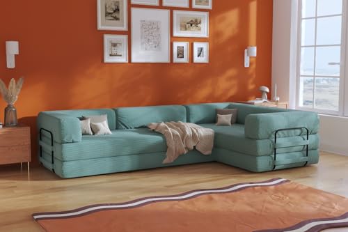 NIMBA LITERIE Ecksofa, ausziehbar in L, Velours, Mintgrün, modernes Design mit Armlehnen aus Metall von NIMBA LITERIE