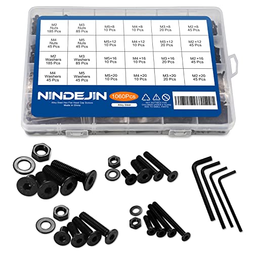 1060pcs Flat Schrauben NINDEJIN Kohlenstoffstahl Schraube Schrauben Muttern und Unterlegscheiben Sortiment Kit mit Aufbewahrung Box (1060) von NINDEJIN