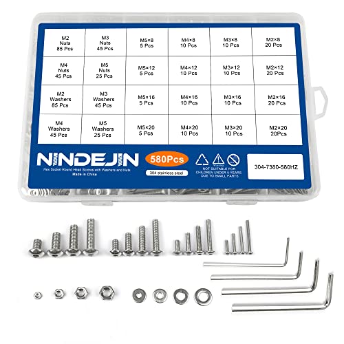 NINDEJIN 580pcs Hex Socket Schrauben Bolzen Muttern Unterlegscheiben Kit M2 M3 M4 M5 Metrische Schrauben mit Inbusschlüssel 8/12/16/20mm Vollgewinde Schraube 304 Edelstahl Maschinenschrauben Set von NINDEJIN