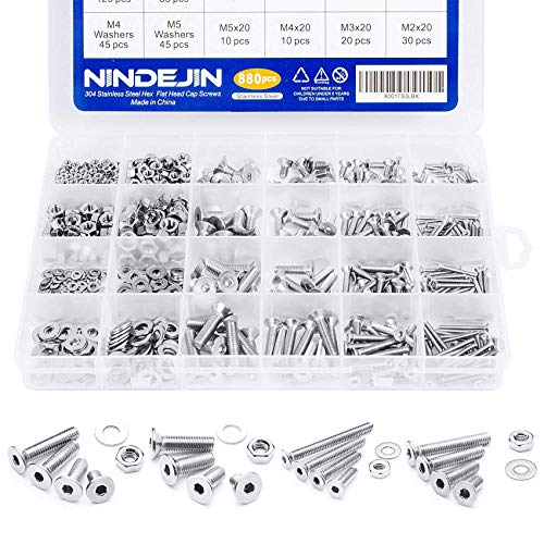 NINDEJIN M2 M3 M4 M5 Schrauben Set, 880pcs DIN 7991 Senkkopfschrauben Muttern und Unterlegscheiben Sortiment Kit mit Aufbewahrung Fall Box + Inbusschlüssel (Edelstahl 304, Senkkopf Innensechskant) von NINDEJIN