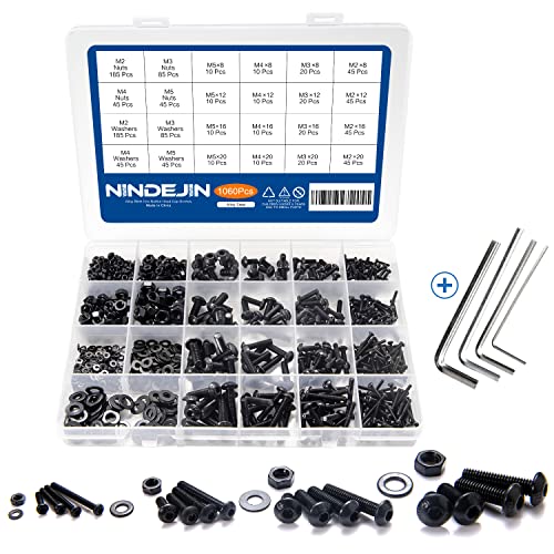 Schrauben Set NINDEJIN 1060PCS Kohlenstoffstahl Schrauben Muttern und Unterlegscheiben Sortiment Kit mit Schrauben Aufbewahrung Box M2 M3 M4 M5 Innensechskant Maschinenschrauben Schrauben Set (BUTTON) von NINDEJIN