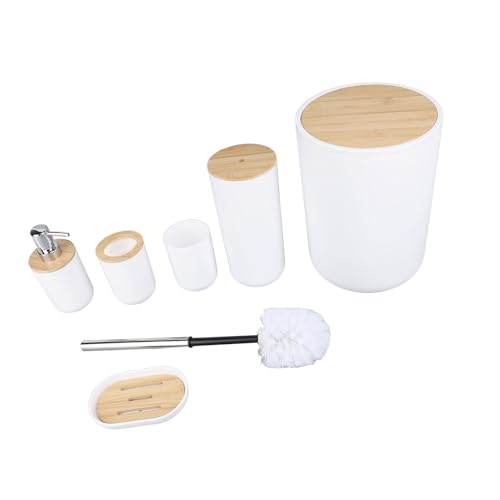 NINESHE 6PCS PP Mülldose Badezimmerzubehör Set, Bambusoideae Deckel Design Umfasst Mülleimer, Seifenspender, Seifenschale, Zahnbürstenhalter, Zahnbürstenbecher und Toilettenbürste von NINESHE