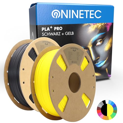 NINETEC BIO PLA+ Filament 2er Set Schwarz + Gelb 1.75mm PLA Plus 3D Drucker Filament 1 kg Spule Maßgenauigkeit +/- 0,03mm PLA+ FDM Druckerverbrauchsmaterial PLA+ Pro von NINETEC