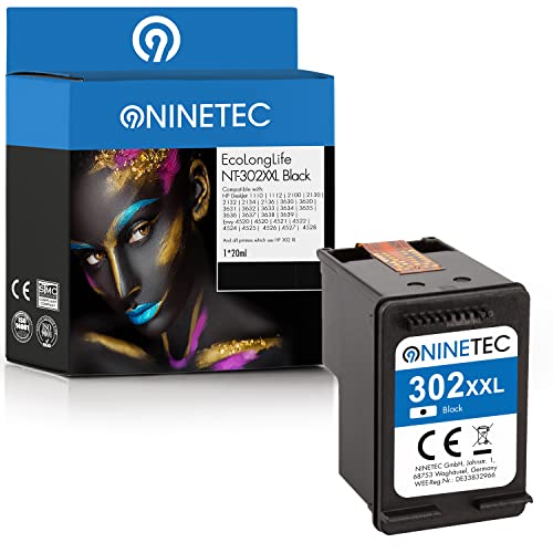 NINETEC EcoLonglife 1 Druckerpatrone kompatibel mit HP 302 XL 302XL Black wiederaufbereitet für Envy 4525 4520 4522 4523 4524 Officejet 3830 3831 3833 Deskjet 3630 3636 3638 1110 von NINETEC