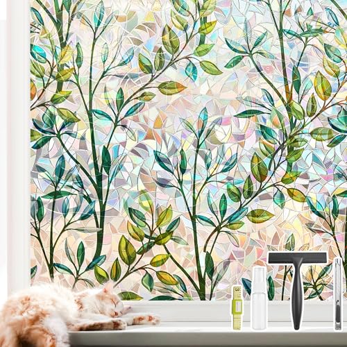 NINETREX Fenster Sichtschutzfolie Glasfensterfolie 3D dekorative Fensterfolie, Sonnenschutzfolie für Glastür, Hausdekoration Fensterabdeckung Nicht klebend, 45x200cm, Blätter von NINETREX