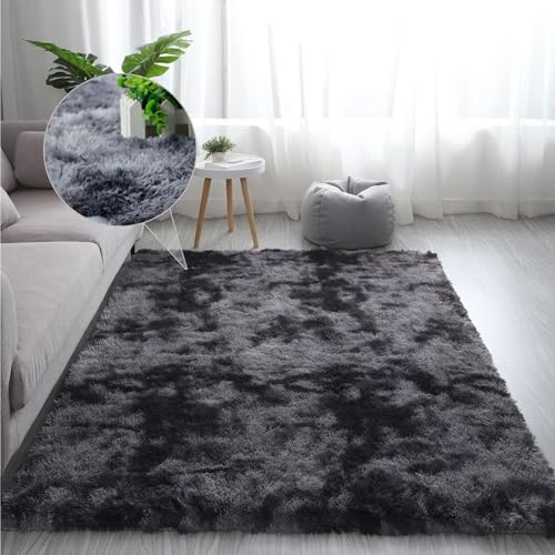 NINGBAI Kuscheliger Kurzflor Teppich 120 x 140 cm Langflor Teppiche Modern, Shaggy Schlafzimmer Bettvorleger weich und elegant, waschbar für Wohnzimmer, Schlafzimmer, Schwarz von NINGBAI