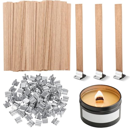 NINGYER 100 Stück Holzdochte für Kerzen mit 100 Eisenständer, 13 x 130mm Natürlich Holzdocht, Kerzendocht Holz für Kerzenherstellung und DIY Handwerk von NINGYER