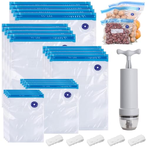 NINGYER 20 Stück Vakuumbeutel Lebensmittel Wiederverwendbar, Vakuum Beutel BPA-Frei mit Pumpe, Vakuumierbeutel Wiederverwendbar für Gemüse/Obst/Vakuumgaren (5 Größe) von NINGYER