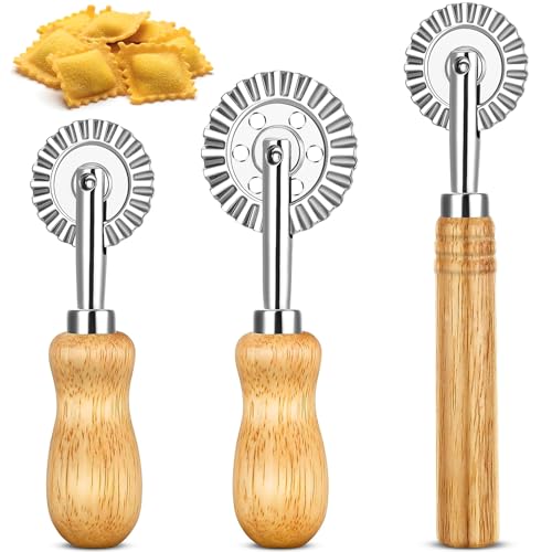NINGYER 3 Stück Ravioli Roller, Kommt mit Holzstiel Gezähntes Teigrad, Teigrad Gewellt Geeignet für Küchen-Nudelzubehör, Gebäck und Camping (Drei Größen) von NINGYER