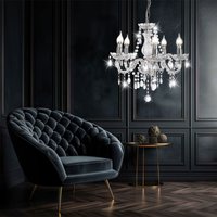 Kronleuchter Pendellampe Wohnzimmerlampe Esstischleuchte Luster 5 flammig, Metall chrom, Acrykristalle klar, 5x E14, DxH 45 x 150 cm von NINO LEUCHTEN