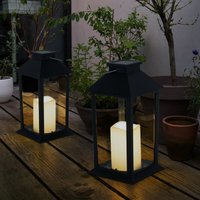 Laterne Solar Außen Wetterfest LED Außenlaterne Solarleuchte Akku, Landhaus Flackereffekt, Glas schwarz, 1x LED 0,06W 2700K, DxH 14x27,5 cm, 2er Set von NINO