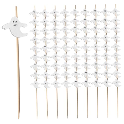 NIOMICO 100pcs Fruchtstöcke Einweg -Bambus -Cocktailstangen süße Halloween -Dekorationen für Cocktail, Party, Obst, Geist von NIOMICO