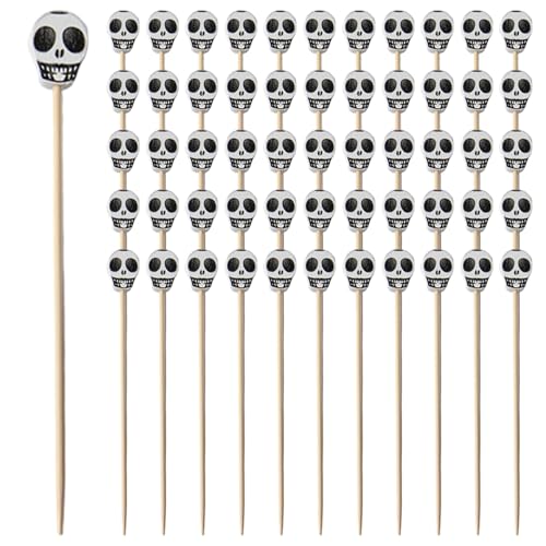 NIOMICO 100pcs Fruchtstöcke Einweg -Bambus -Cocktailstangen süße Halloween -Dekorationen für Cocktail, Party, Obst, Schädel von NIOMICO