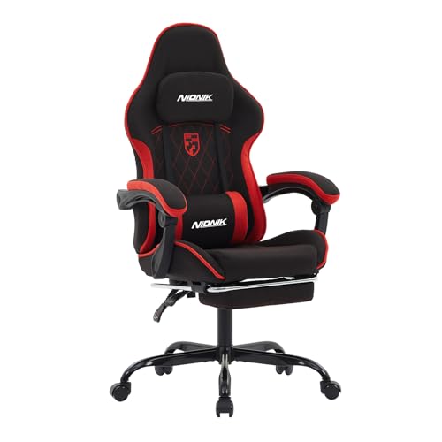 NIONIK Gaming Stuhl, Racing Gaming Chair mit Fußstütze Ergonomischer Gaming-Stuhl Kopfstütze Verstellbarer Computerstuhl Höhenverstellbar Lendenwirbelstütze für Homeoffice und Gaming BlackRed von NIONIK