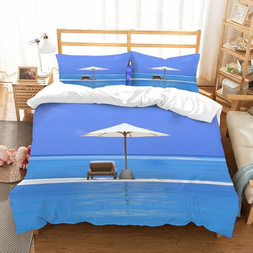 NIOYNJIS Bettwäsche Set 100% Baumwolle ist,Dekor am Meer, Strandstühle und Sonnenschirm auf Einer l Mitten im Ozean S,und allem auch für Personen mit Hautsensibilisierung empfohlen 228x264cm von NIOYNJIS