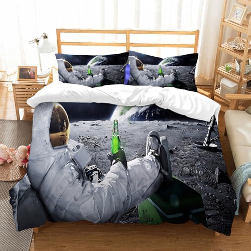 NIOYNJIS Bettwäsche Set 100% Baumwolle ist,Der Mond Erde Planet A Männer Trinken Bier USA Flagge,und allem auch für Personen mit Hautsensibilisierung empfohlen 228x264cm von NIOYNJIS