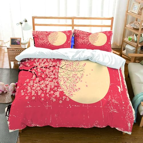 NIOYNJIS Bettwäsche Set 100% Baumwolle ist,Frühling, Kirschbaumzweige Sakura-Blüte auf Mond Illustration im japanischen Sti,und allem auch für Personen mit Hautsensibilisierung empfohlen 228x264cm von NIOYNJIS
