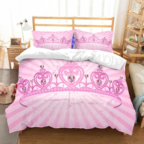 NIOYNJIS Bettwäsche Set 100% Baumwolle ist,Königin Kindheit Thema Rosa Herzförmige Prinzessin Krone Auf Radial Hintergrund,und allem auch für Personen mit Hautsensibilisierung empfohlen 228x264cm von NIOYNJIS