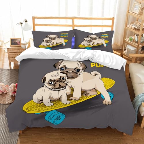 NIOYNJIS Bettwäsche Set 100% Baumwolle ist,Mopswelpen auf einem Skateboard. Vektorillustration.,und allem auch für Personen mit Hautsensibilisierung empfohlen 228x264cm von NIOYNJIS