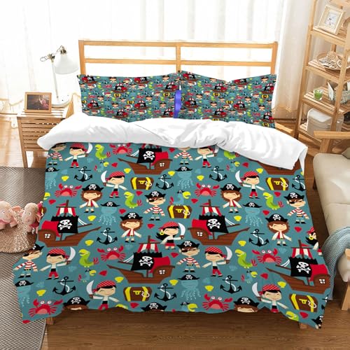 NIOYNJIS Bettwäsche Set 100% Baumwolle ist,Nahtloses Muster Gesicht Pirat Seemann schwarzer Totenkopf Seetang Korallenherz.,und allem auch für Personen mit Hautsensibilisierung empfohlen 228x264cm von NIOYNJIS