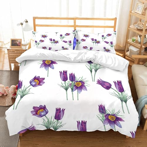 NIOYNJIS Bettwäsche Set 100% Baumwolle ist,Nahtloses Muster von Frühlingsschneeglöckchen. Violette Pulsatillablüten. Aquare,und allem auch für Personen mit Hautsensibilisierung empfohlen 228x264cm von NIOYNJIS