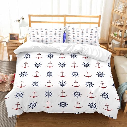 NIOYNJIS Bettwäsche Set 100% Baumwolle ist,Nahtloses nautisches Muster mit roten Ankern und blauen Schiffsrädern. Gestaltun,und allem auch für Personen mit Hautsensibilisierung empfohlen 228x264cm von NIOYNJIS